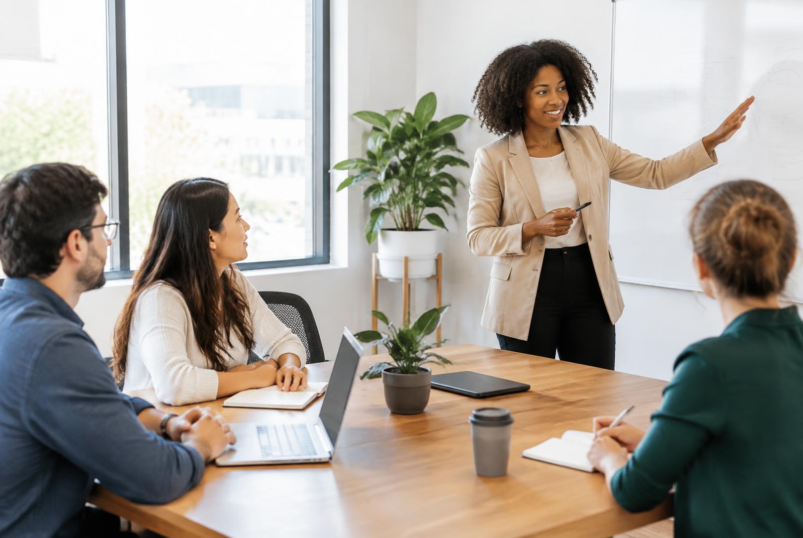 Équipe multiculturelle en formation de français professionnel en entreprise